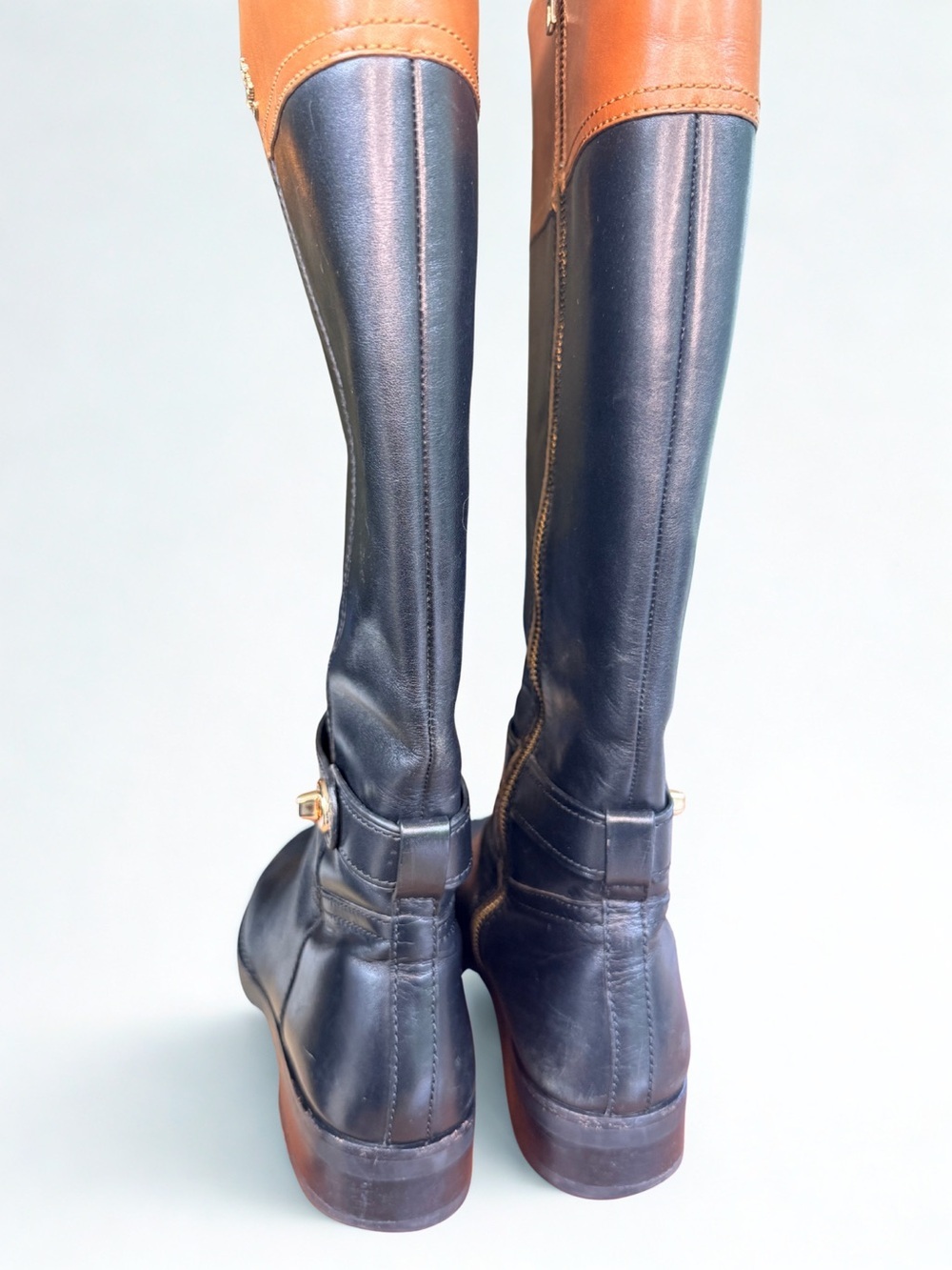 Coach Eva Mat Two Tone Tall Leather Riding Boots Black Saddle Brown 8.5 w/ box - Picture 3 of 8